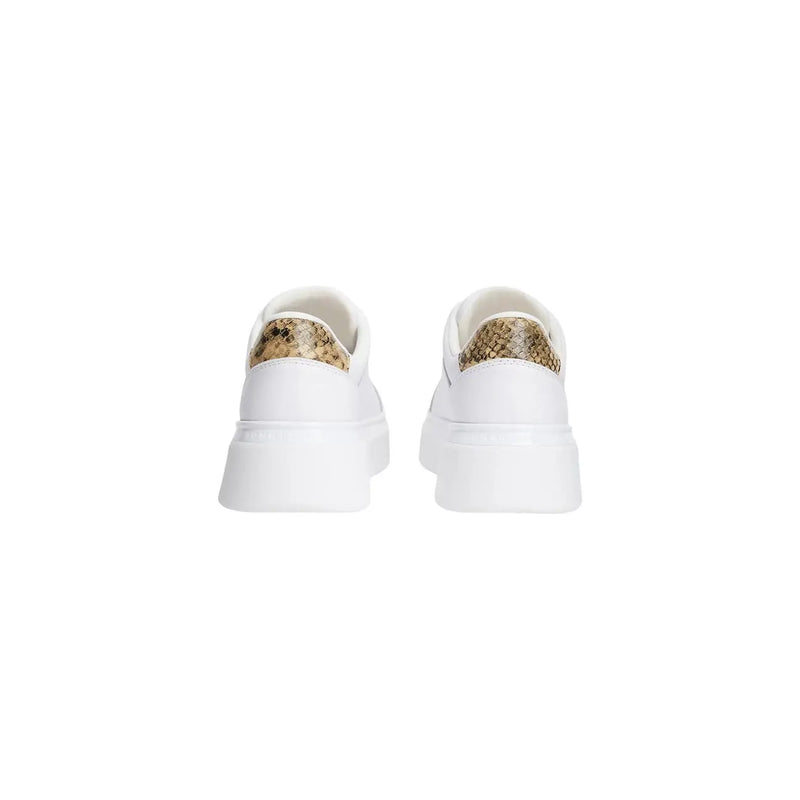 Back view of Tommy Hilfiger women leather white platform sneakers with gold-toned snake skin heel tab detail