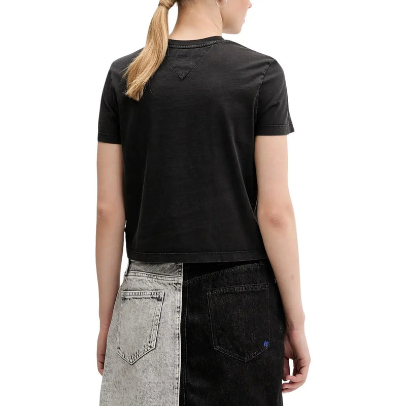 Tommy Hilfiger women organic cotton black short-sleeved crop t-shirt with subtle triangular seam detail at neckline