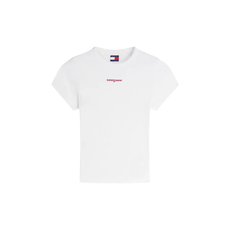 Tommy Hilfiger women organic cotton short white t shirt with red embroidered branding and flag logo at neckline
