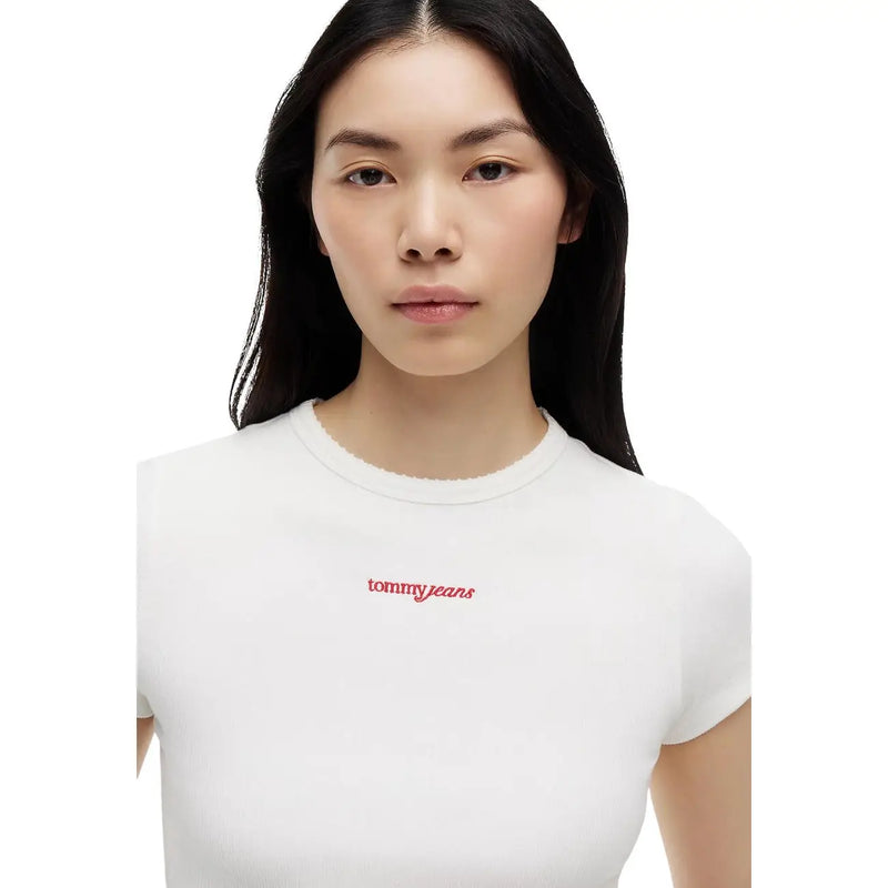 White short-sleeved organic cotton t-shirt for women with red embroidered tommy jeans logo on the chest by Tommy Hilfiger