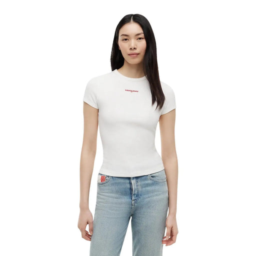 Tommy Hilfiger Weißes, kurzes Damen-T-Shirt aus Bio-Baumwolle mit dezentem, rotem, gesticktem Logo auf der Brust