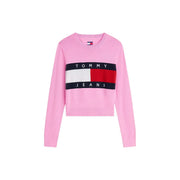 Pinkfarbene Tommy-Jeans, kurze Strickware aus Bio-Baumwolle mit auffälligem horizontalem Logostreifen in Schwarz, Weiß und Rot von Tommy Hilfiger