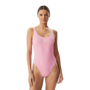 Tommy Hilfiger women pink ribbed one-piece swimsuit with square neckline thin straps and white logo on chest