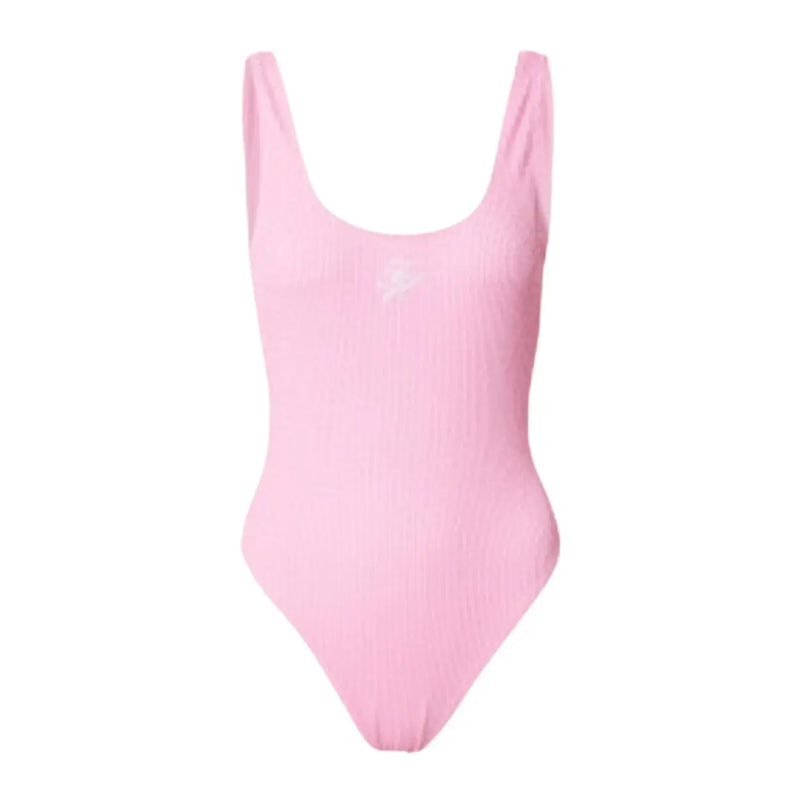 Tommy Hilfiger women pink soft ribbed one-piece swimsuit with square neckline and thin straps for beachwear