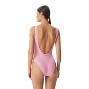 Tommy Hilfiger women pink one-piece swimsuit with textured fabric and deep scoop back for stylish beachwear