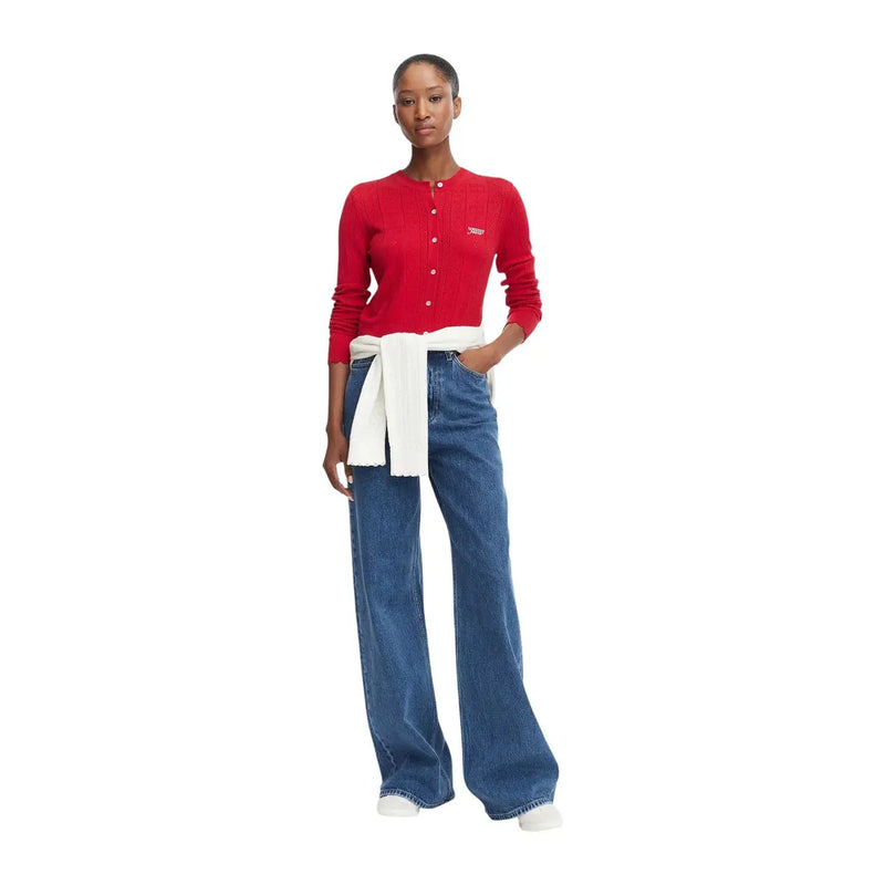 Tommy Hilfiger Rote, gerippte Damenstrickjacke mit Knopfverschluss, Viskosemischung und kleinem Logo auf der Brust
