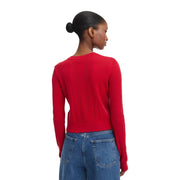 Rückansicht eines leuchtend roten Tommy Hilfiger Damenstrickpullovers mit geripptem Rückenteil, geschwungenem Saum und Viskosemischung.