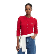 Tommy Hilfiger Rote, gerippte Damenstrickjacke mit Knopfverschluss und gesticktem Logo auf der Brust aus Viskosemischung