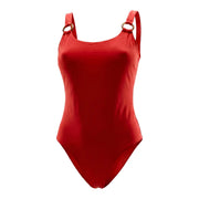 Tommy Hilfiger women red nylon one-piece swimsuit with thin straps and gold-toned rings at the shoulder