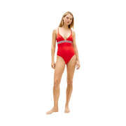 Tommy Hilfiger women red one-piece swimsuit with thin straps white stripe made of nylon elastane for swimwear