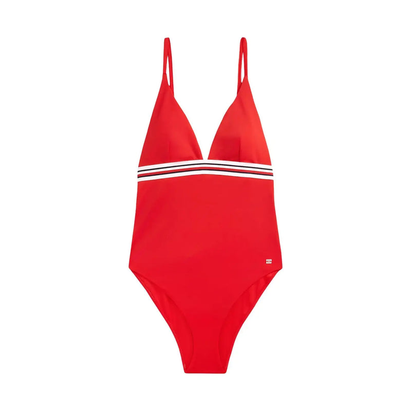 Tommy Hilfiger women red one-piece swimsuit with thin straps white stripe nylon elastane triangle bikini swimwear