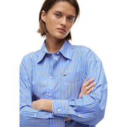 Tommy Hilfiger women striped organic cotton long shirt in blue with white vertical stripes and chest pocket logo