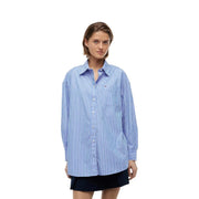 Tommy Hilfiger women striped organic cotton long shirt in blue with white vertical stripes and embroidered logo
