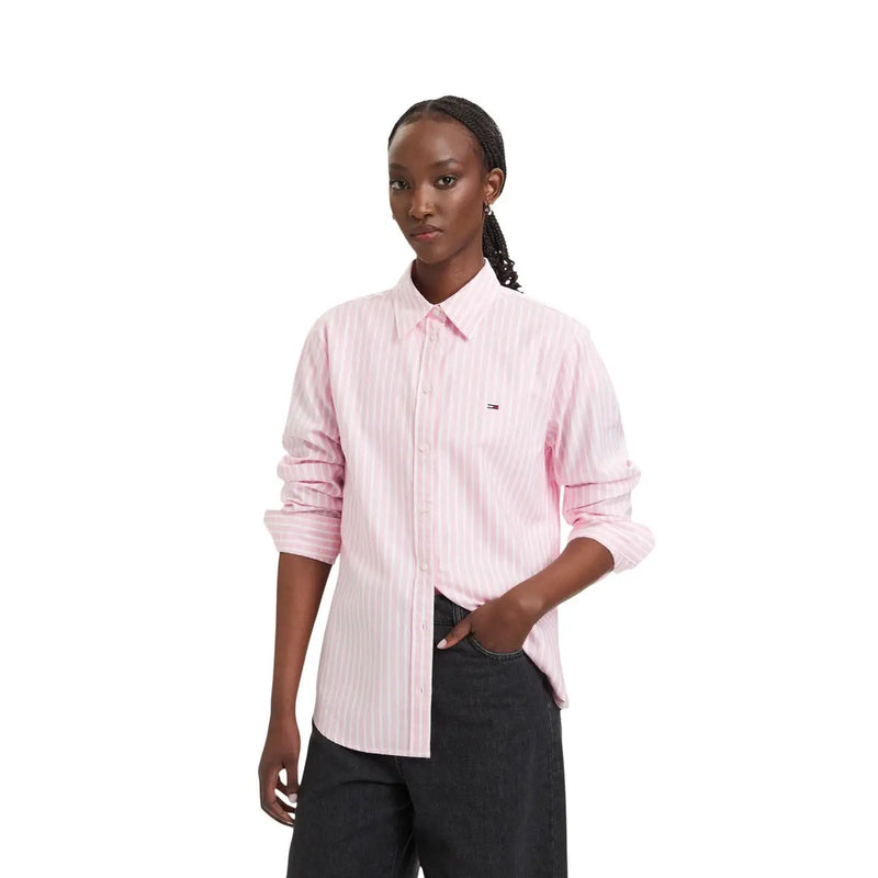 Tommy Hilfiger women striped pink and white button-down organic cotton shirt with small logo on left chest