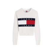 White tommy hilfiger women sweatshirt cropped with bold red white navy striped logo made from organic cotton