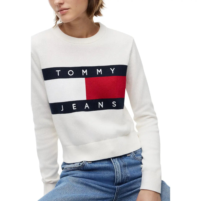 Tommy Hilfiger women sweatshirt white organic cotton with bold red white and navy logo across the chest