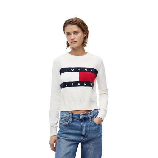 White tommy jeans sweatshirt with bold red white and navy logo made from organic cotton for women by Tommy Hilfiger
