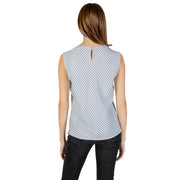Back view of tommy hilfiger women tank top in light blue and white chevron cotton with sleeveless and keyhole detail