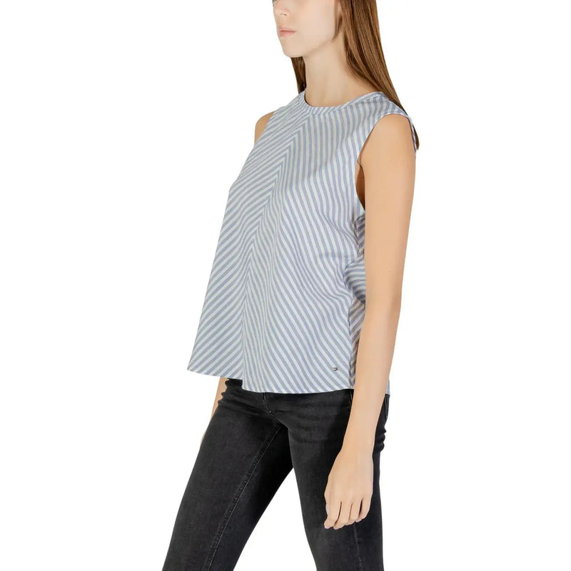 Tommy Hilfiger women tank top in light blue and white cotton with sleeveless design and diagonal stripes