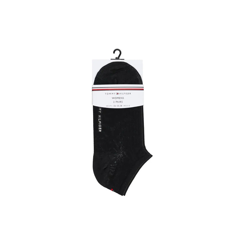 Tommy Hilfiger women black cotton ankle socks two pair set with signature red and white striped label 701233234