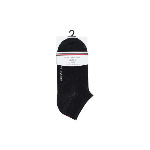 Tommy Hilfiger women black cotton ankle socks two pair set with signature red and white striped label 701233234