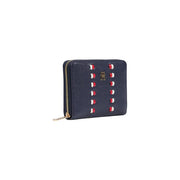 Tommy Hilfiger women wallet blue textured leather with red and white circular studs and zip pockets medium 14cm