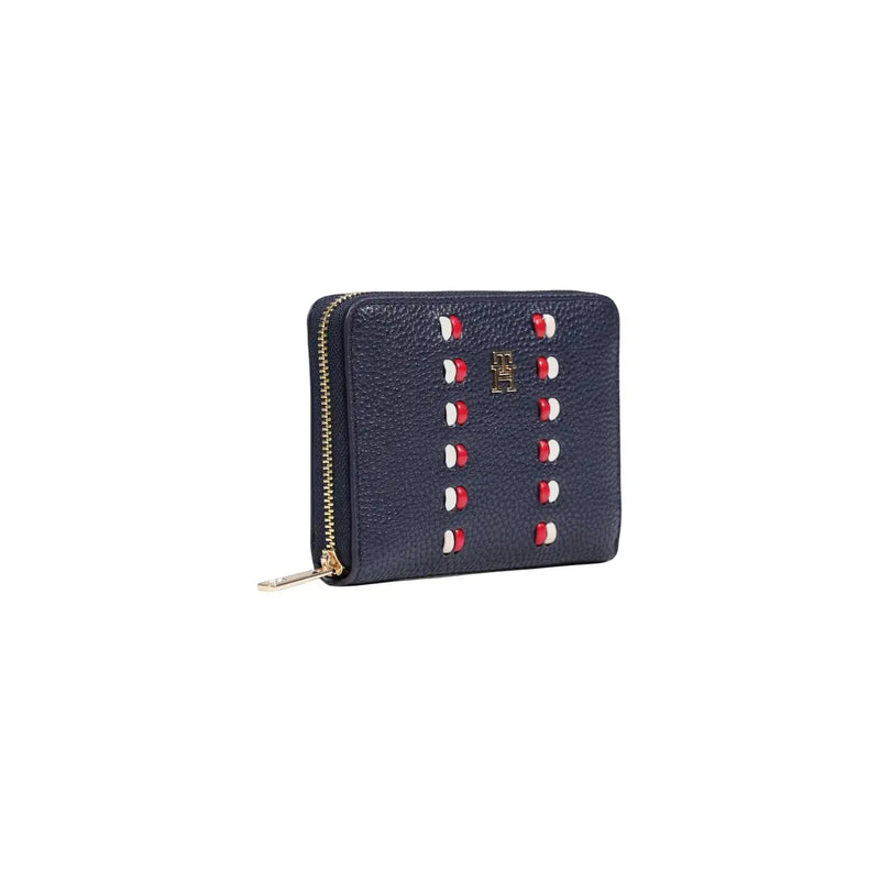 Tommy Hilfiger women wallet blue textured leather with red and white circular studs and zip pockets medium 14cm