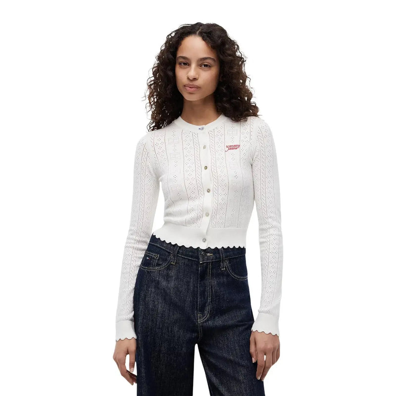 Tommy Hilfiger women white cardigan with round neck scalloped hem and button-front long sleeves in soft fabric