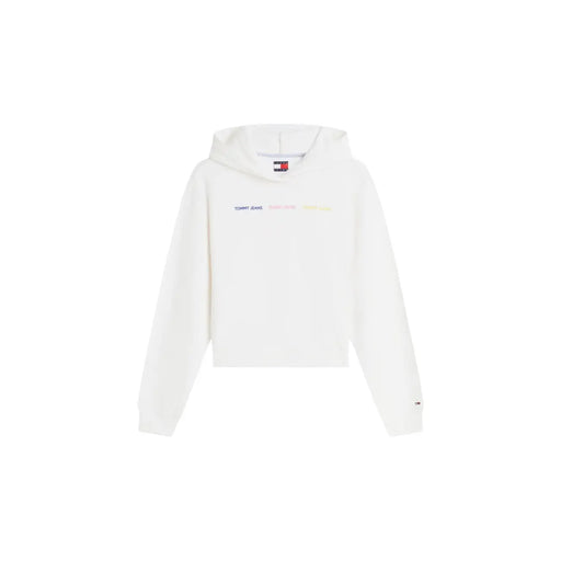 Tommy Hilfiger women white cotton cropped hoodie with subtle multicolored branding and classic logo tag at neckline
