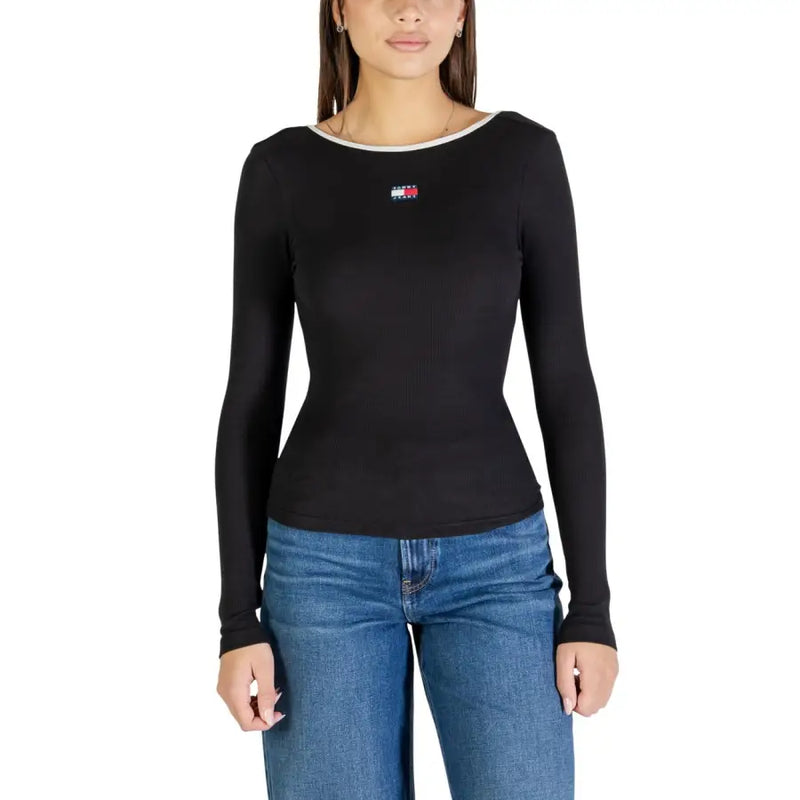 Tommy Hilfiger womens white organic cotton long sleeve T-shirt with black body and embroidered logo