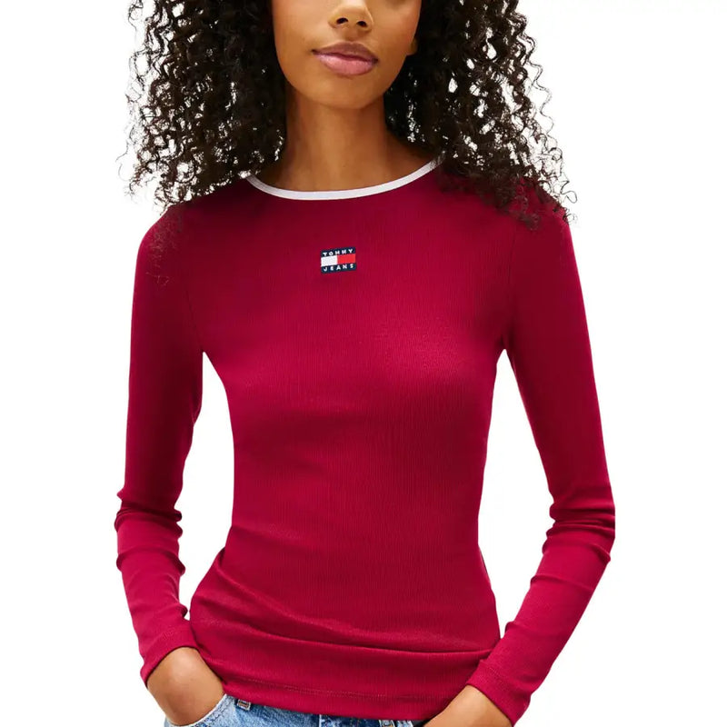 Tommy Hilfiger womens white crew neck long sleeve organic cotton ribbed t-shirt with red body and Tommy Jeans logo patch