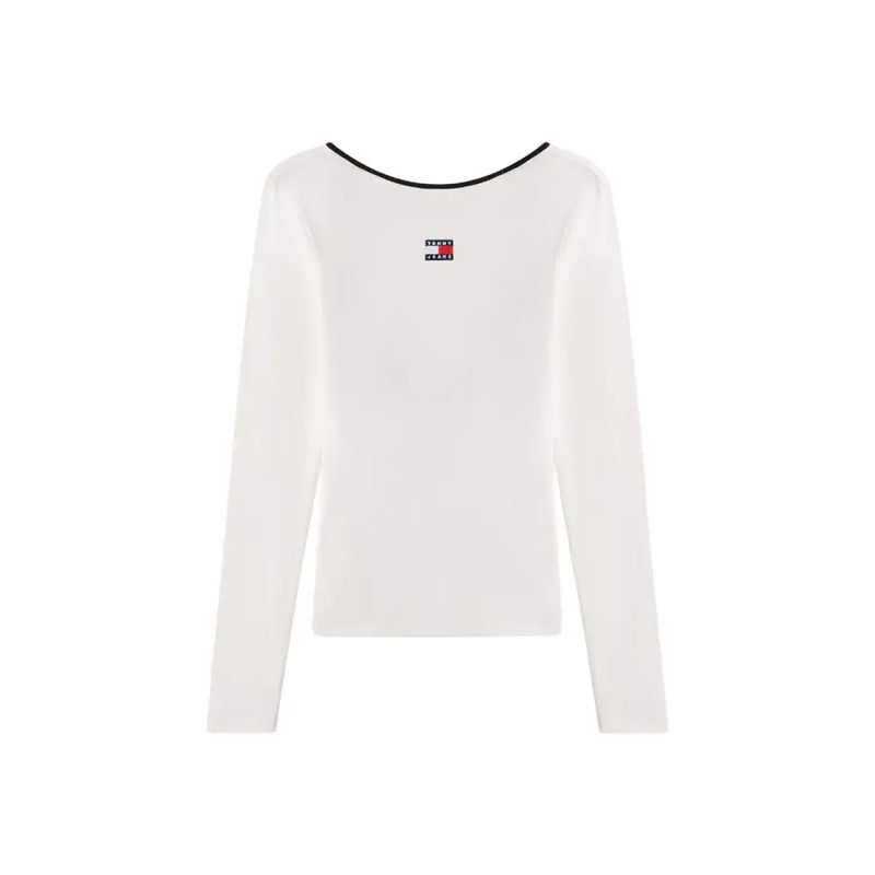 Tommy Hilfiger women white long sleeve organic cotton t-shirt with black neckline trim and small embroidered logo on chest