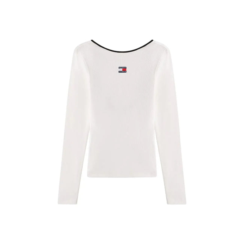 Tommy Hilfiger women white long sleeve organic cotton t-shirt with black neckline trim and small embroidered logo on chest