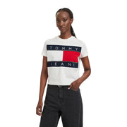 Tommy Hilfiger women white organic cotton round neck t shirt with bold red white and navy blue flag logo on chest