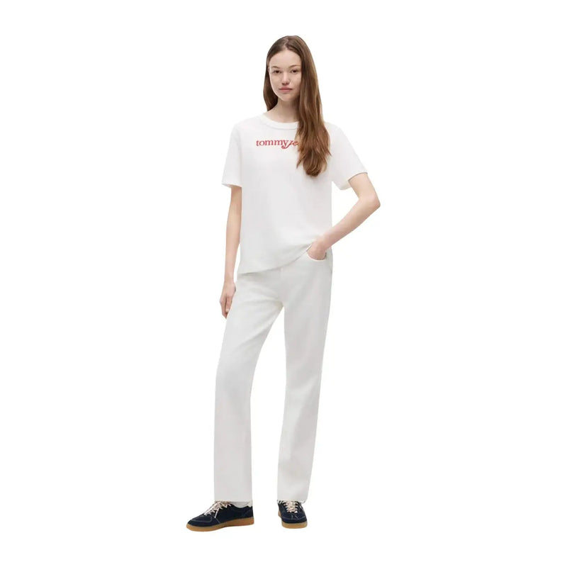 Tommy Hilfiger women white organic cotton short t shirt with red logo embroidery on the front