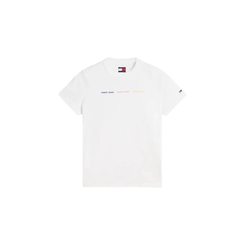 Tommy Hilfiger women white organic cotton short t shirt with subtle multi colored logo print and branded tags
