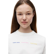 White tommy jeans crewneck sweatshirt with colorful embroidered logo made from organic cotton by Tommy Hilfiger women