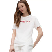 White tommy hilfiger women organic cotton short t shirt with red embroidered logo on the front