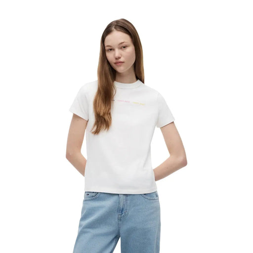 Tommy Hilfiger Weißes Damen-Kurzarmshirt aus Bio-Baumwolle mit dezentem, mehrfarbigem Muster Calvin Klein Logo auf der Brust