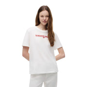 White tommy hilfiger women short t shirt made of organic cotton with a red embroidered logo on the front
