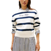 Tommy Hilfiger womens white and navy striped organic cotton collared sweatshirt
