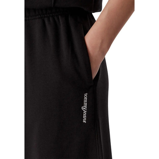 Black cotton tommy hilfiger women wide leg sweatpants with ribbed texture and subtle white embroidered branding on side seam