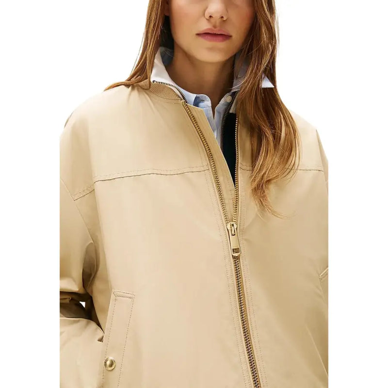 Tommy Hilfiger women’s beige organic cotton bomber jacket with gold-toned zipper and button details