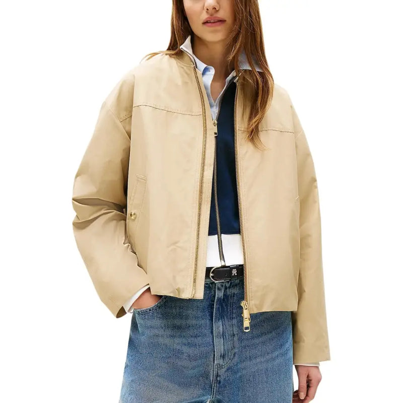 Tommy Hilfiger women’s beige organic cotton bomber jacket with gold-tone zipper and button details