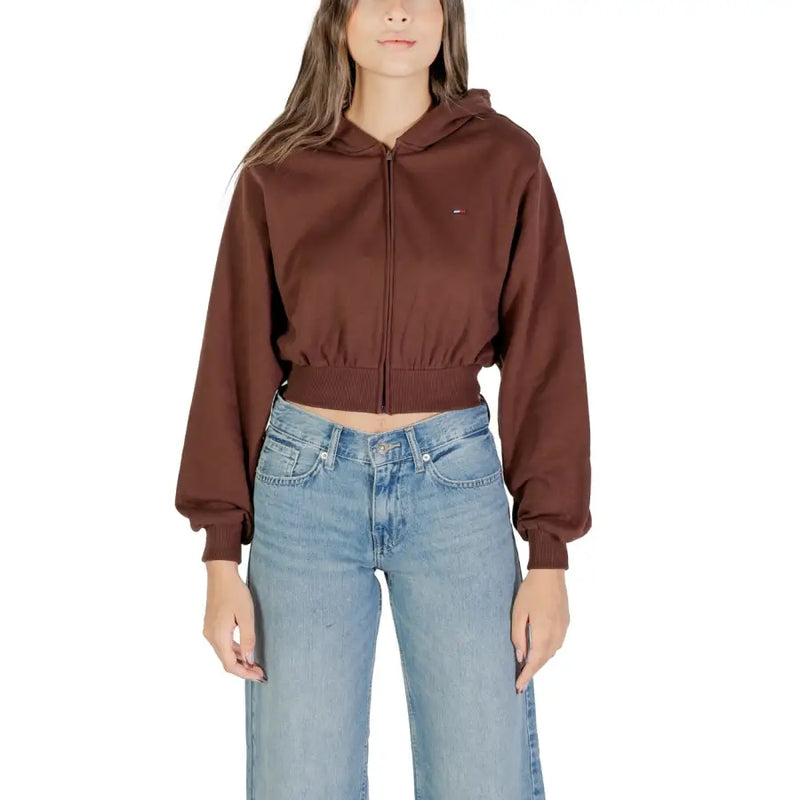Tommy Hilfiger womens brown cropped zip-up hoodie with chest logo