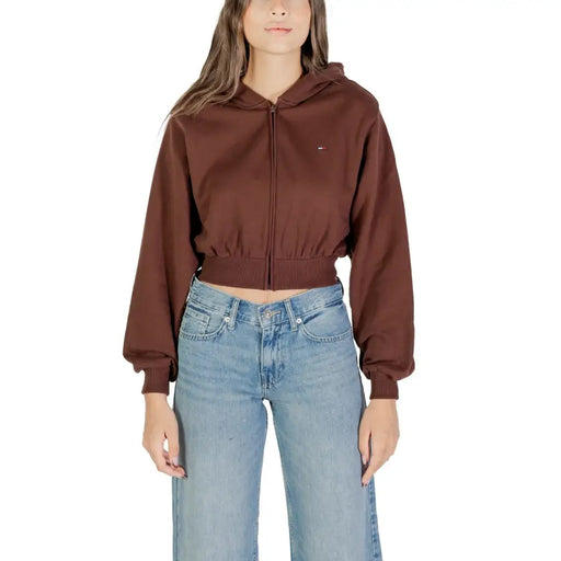 Tommy Hilfiger Sweat à capuche court marron pour femme avec fermeture éclair et logo sur la poitrine