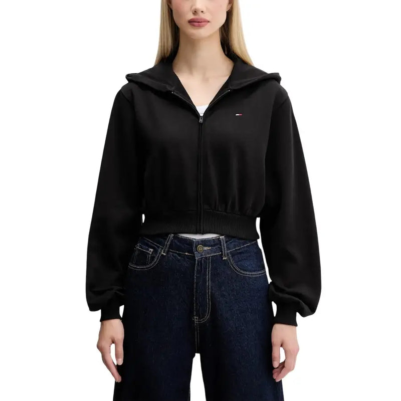 Tommy Hilfiger women’s black cropped zip-up hoodie with small embroidered logo on chest for casual wear