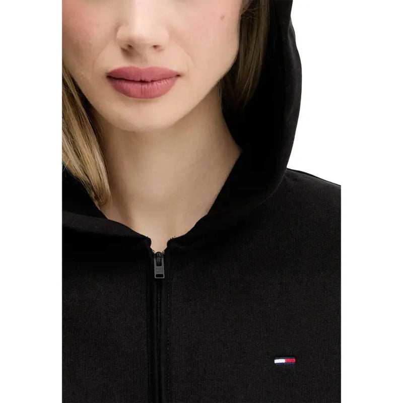 Tommy Hilfiger women’s black hooded zip sweatshirt with ribbed texture and flag logo embroidered on the chest