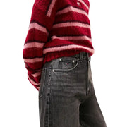 Tommy Hilfiger red pink striped fuzzy knit sweater on black jeans