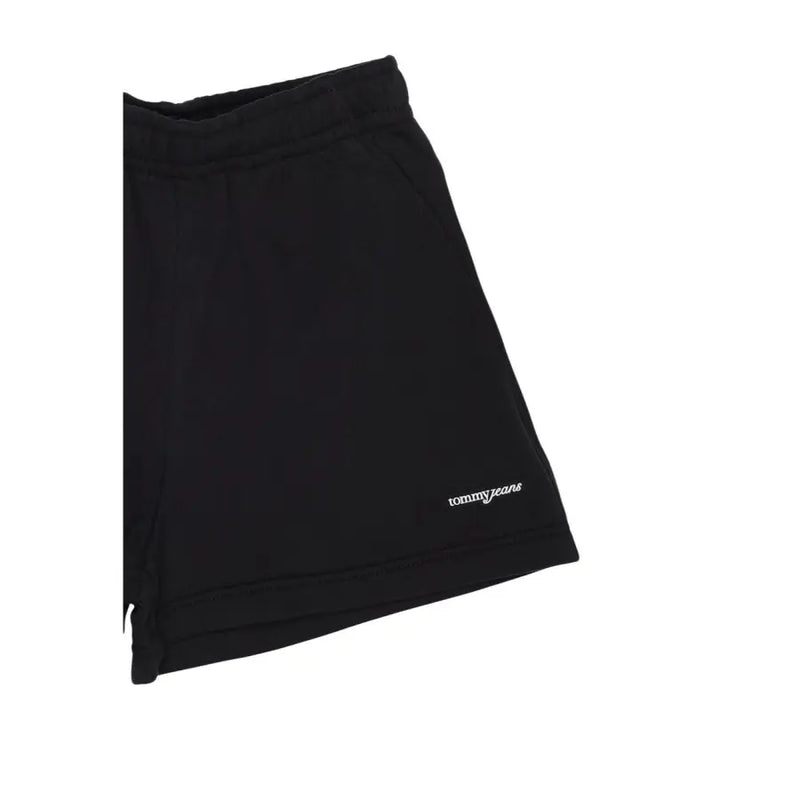 Tommy Hilfiger women’s black organic cotton shorts with soft elastic waistband and subtle white embroidery on lower leg